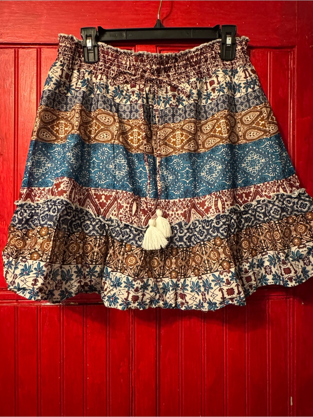 Boho Tiered Printed Mini Skirt in Blue, Brown & Cream